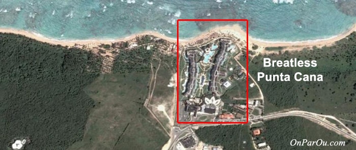 Le Breathless Punta Cana à l'extrémité Nord de la zone de Punta Cana : remarquez l'absence d'hôtels mitoyens contrairmeent à la photo suivante...