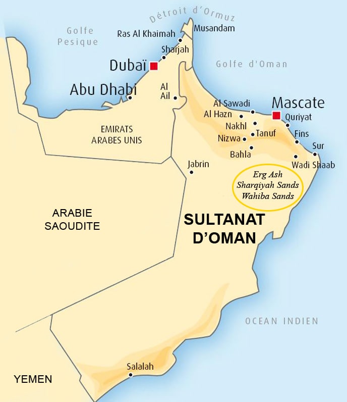 La carte d'Oman. Notez que la province de Musandam à l'extrémité Nord de la péninsule Arabique fait partir du Sultanat d'Oman