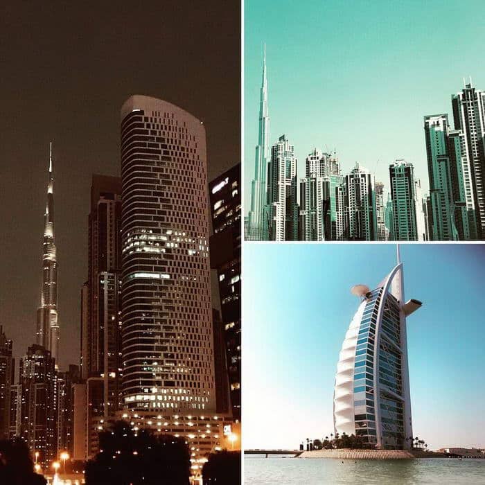 Les deux symboles de la ville : la tour Burj Khalifa et en bas à droite l'hôtel Burj Al Arab