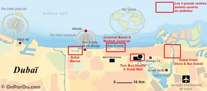 La carte simplifié de Dubaï avec les 4 grands pôles de vie qui permettent de comprendre l'agencement de la ville qui n'a pas un mais plusieurs centres éclatés. Cliquez sur la carte pour l'agrandir.