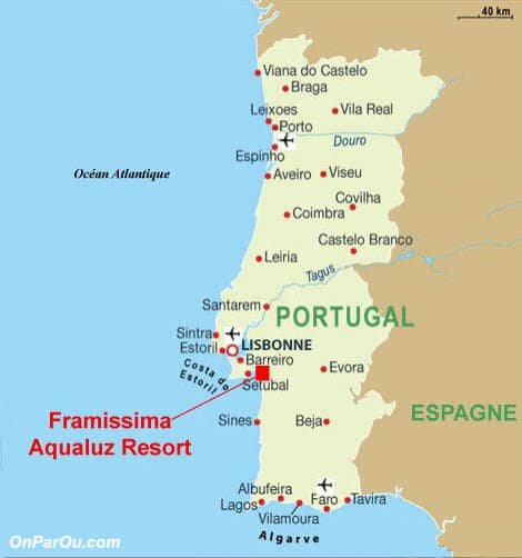 Localisation du Framissima Aqualuz, 250 Km au Nord de Lagos et Faros