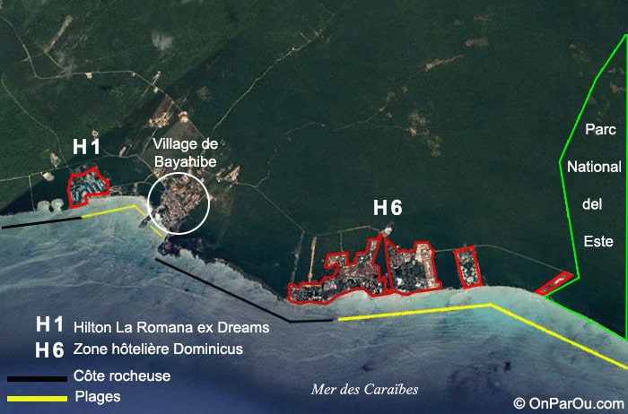 La côte rocheuse et le Parc National del Este ont limité le développement hôtelier en 2 zones H1 à l'ouest avec le Dreams La Romana (nouvellement Hilton La Romana) et H6 à l'Est regroupant les 6 autres complexes hôteliers 